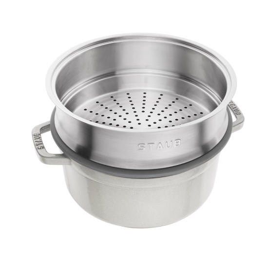 Gietijzeren Cocotte kookpot, met stoomkook opzetstuk, 24cm/3.79L, White Truffle- Staub