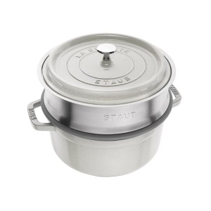 Gietijzeren Cocotte kookpot, met stoomkook opzetstuk, 24cm/3.79L, White Truffle- Staub