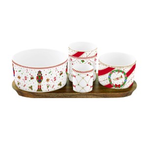 Set di 4 ciotole in porcellana con vassoio in legno, "Nutcracker Twist" - Easy Life