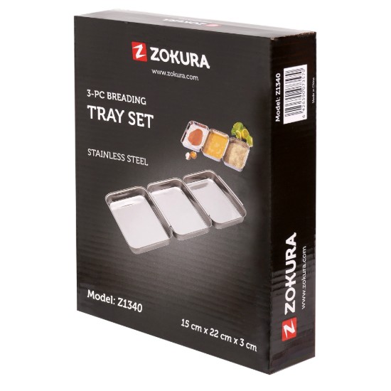 3-piece breading dish set, stainless steel, 15 x 22 x 3 cm - Zokura