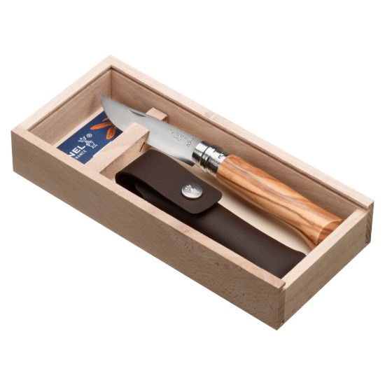 N°08 lommekniv med skede, rustfrit stål, 8,5 cm, "Tradition Luxe", Olive - Opinel