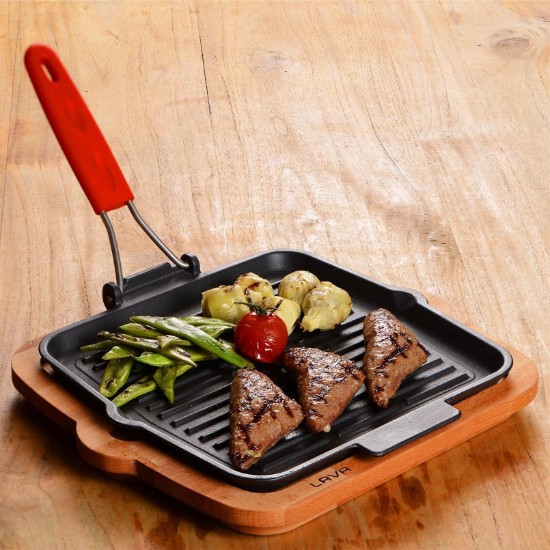 Square grill pan, 24 x 24 cm, red handle - LAVA brand