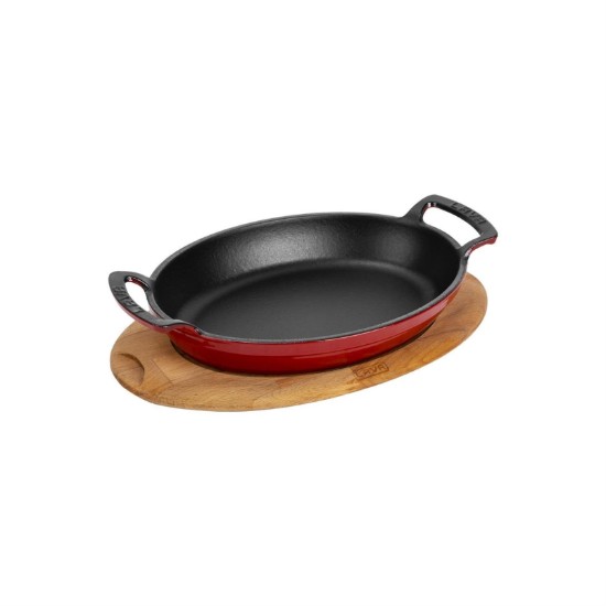 Oval cast iron dish, 19 x 14 cm, with wooden stand - LAVA brand