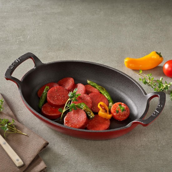 Oval cast iron dish, 19 x 14 cm, with wooden stand - LAVA brand
