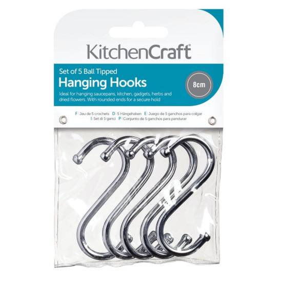 Set di 5 ganci per appendere a forma di S, acciaio cromato, 8 × 4 cm - Kitchen Craft