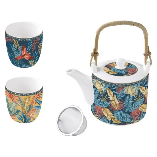 Porcelain teapot, 600 ml, with infuser and 2 teacups, "Atmosphere Equatorial" - Easy Life