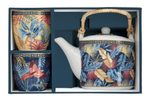 Porcelain teapot, 600 ml, with infuser and 2 teacups, "Atmosphere Equatorial" - Easy Life