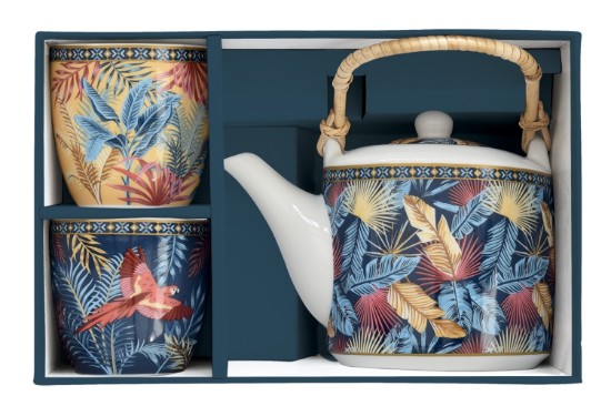 Porcelain teapot, 600 ml, with infuser and 2 teacups, "Atmosphere Equatorial" - Easy Life