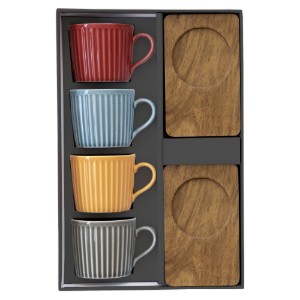 Set 4 tazze in porcellana, con piattini in legno, 110ml, "Take a Break" - Easy Life
