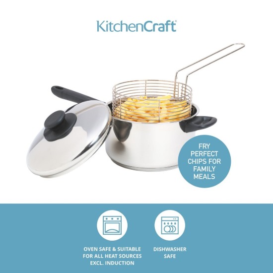 Saucepan-fryer with lid and basket for frying, 20 cm, stainless steel - by Kitchen Craft