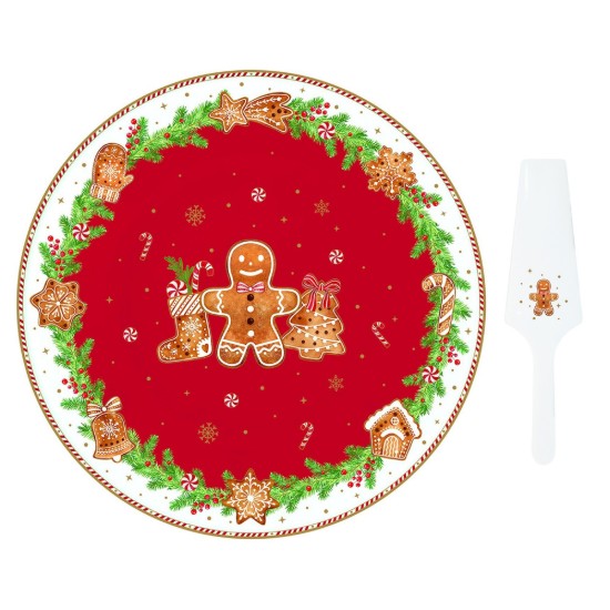Tårtserveringsfat och spatelset, porslin, 32 cm, "Fancy Gingerbread" - Easy Life