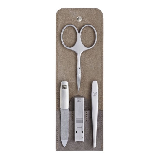 4-delt manikyrsett, rustfritt stål, grått lærveske, PREMIUM - Zwilling