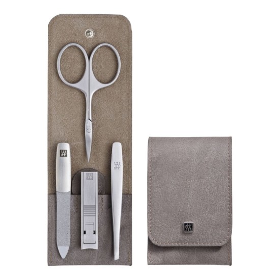 4-delt manikyrsett, rustfritt stål, grått lærveske, PREMIUM - Zwilling