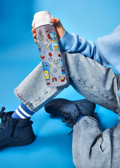 Waterfles "Slim" voor kinderen, recyclon™, 500 ml, Robots - Ion8