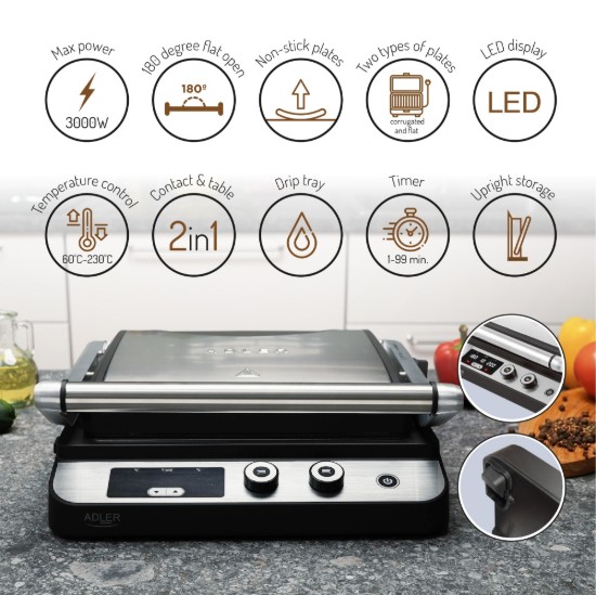 LED 2 in 1 elektrische grill, 3000W - Adler