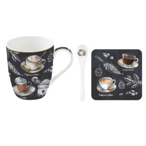 Mug with spoon, porcelain, with cork coaster, 350 ml, 'Barista' - Easy Life
