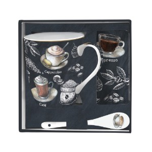 Mug with spoon, porcelain, with cork coaster, 350 ml, 'Barista' - Easy Life