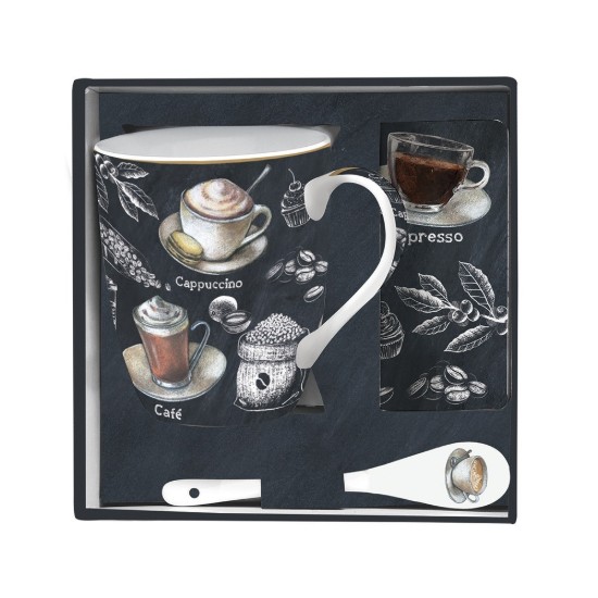 Mug with spoon, porcelain, with cork coaster, 350 ml, 'Barista' - Easy Life