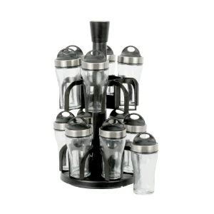 Set di 12 contenitori per spezie, in vetro, con supporto in metallo