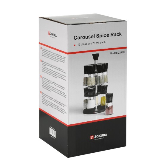 Set di 12 contenitori per spezie, in vetro, con supporto girevole, 70ml - Zokura