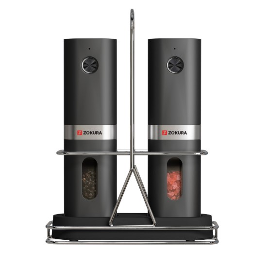 Set of 2 electric grinders for salt and peppercorn, with metal stand included - Zokura
