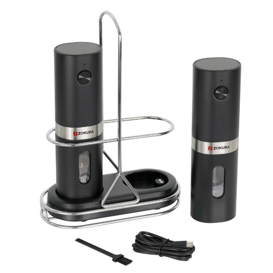 Set of 2 electric grinders for salt and peppercorn, with metal stand included - Zokura